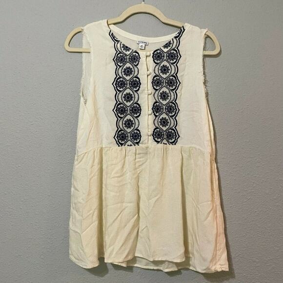 True Religion Boho Cream Sleeveless Round Neck Embroidered Tunic Blouse Sz S - Picture 1 of 9